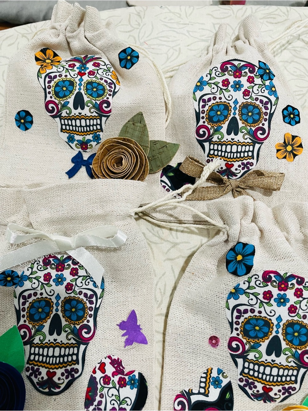 5 linen Drawstring sugar skull Gift Bags